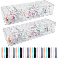 Pack of 2 Cable Storage Box, Transparent Cable Organiser Box with 8 Adjustable Compartments and 24 Cable Ties, Cable Management Box for Desk Storage in the Office and Home