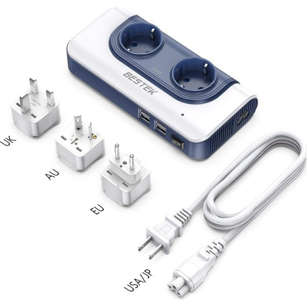 BESTEK 200 W Travel Voltage Converter 120 V to 240 V with 2 EU Sockets and 4 USB Ports, Universal Worldwide for USA, UK, EU, AU, CN, Blue