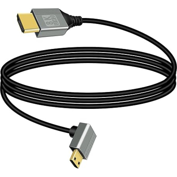 RIIEYOCA 8K Mini HDMI to HDMI Adapter Cable, 90 Degree Down Angled Mini HDMI Male to HDMI Male 8K @ 60Hz 4K @ 120Hz 48Gbps High Speed HDMI 2.1 Connection Cable (1M)