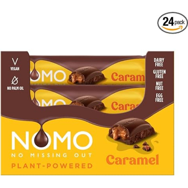 NOMO Caramel Chocolate Bar, Vegan Chocolate for Everyone, Lactose Free, Gluten-Free, Egg Free, Nut Free, Liquid Caramel Core, Suitable for Allergy Sufferers, Certified Cocoa, 24 Count (Pack of 1)