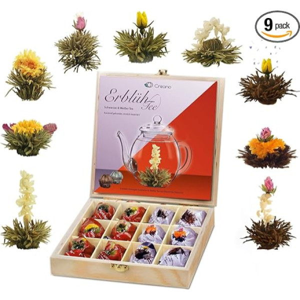 Creano Tea Flowers Gift Set in Wooden Tea Box, 12 Blooming Tea in 9 Varieties, White Tea & Black Tea, Gift for Women, Mother, Tea Lovers