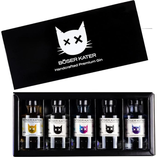 Böser Kater Gin Tasting-Set | Hochwertige Geschenkbox | 5 spannende Sorten je 100ml Gin | Gin-Tasting zuhause für bis zu 5 Personen | Perfekte Geschenkidee | Handgemacht mit kleiner Auflage