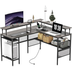 Wasagun L-Shaped Gaming Desk with Sockets and LED Lights, Computer Desk with Monitor Stand and Storage Shelves, L Shaped Desk, Corner Gaming Desk, Grey