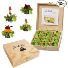 Creano Teelini Tea Flowers in Cup Size, Gift Set in Wooden Tea Box, 12 Blooming Tealini in 4 Varieties, White Tea, Gift for Women, Mother, Tea Lovers