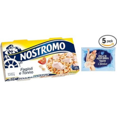 Pack of 5 Nostromo Tonno e Fagioli Ready Meal with Tuna and Beans, 2 x 150 g + 1 Pack Free Felce Azzurra Talcum Powder, 100 g Bag