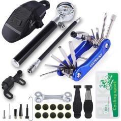 Cozyroomy Bicycle Tyre Repair Kit - Repair Tool Set with 210 PSI Mini Pump 10 in 1 Multitool (With Chain Separator), 10 Bicycle Patches, 3-in-1 Tyre Lever, Tool Bag -, blue