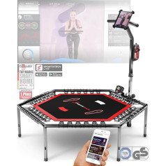 - Smart Fitness Trampoline Includes Heart Rate Strap, Training Video, Jump Counter and App, Folding, Height Adjustable Grab Handle with Mobile Phone and Bottle Holder, HTX100 Indoor Jumping Workout
