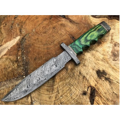 Perkin Knives Damascus Knife Hunting Knife with Sheath - Hunting Knife Bowie (Green Wooden Handle and Damask)