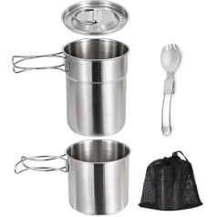 BeGrit 304 Stainless Steel Camping Pots with Folding Spoon, Vented Lids
