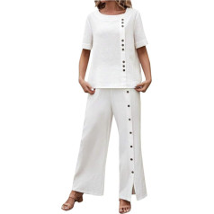 Briskorry 2 Teiler Damen Sommer, T-Shirt Top und Hose, Hosenanzüge Lose Freizeit Loungewear Rund Ausschnitt Knopf Trainingsanzug-Set Atmungsaktiv Kuschelig Sport Outfit Solid Y2K 2024