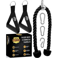 Fitness Invention Tricep Rope Cable Attachment - Triceps Pull Rope 35 Inches, 2 Cable Handles & 3 Carabiners - Cable Machine Attachment - Cable Attachments for Gym - Cable Machine Accessories