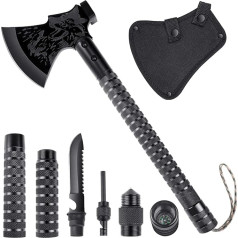 Japaknives Survival Axe 10 in 1, Splitting Axe for Wood, Sharpness Camping Hatchet Multitool with Outdoor Knife and Compass, Hand Hatchet with Gift Box, Black Set for Forest Travel, Hunting, Garden