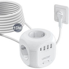 LENCENT 4-Way Socket Strip, Flat Plug, Socket Cube, 8-in-1 Power Strip, with 3 USB A and 1 USB C Port, 10-Metre Cable, for Wall Socket