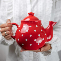 City to Cottage® - Teapot for 4-6 Cups | Red and White | Polka Dots | Handmade | Teapot Ceramic Tableware | 1.7 Litres