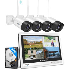 5MP + 3TB Hard Drive: Hiseeu Surveillance Camera Set Outdoor WLAN with 12 Inch Monitor 10CH Wireless NVR, 4 Pieces 5MP WiFi Cameras with Colour Night Vision, 2-Way Audio, Remote Display, App & Mail