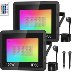 NATPOW LED Outdoor Spotlight, 100 W RGB Spotlight with Remote Control, LED Floodlight, Colour Changing Spotlight with 16 Colours, 4 Modes, IP66 Waterproof Floodlight for Gardens, Courtyards (2 Pack)