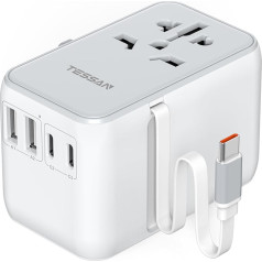 TESSAN Travel Adapter Worldwide with Retractable USB C Cable PD 35 W, Universal Socket Adapter with 4 USB and 1 AC Socket, International Travel Plug USA England Japan Switzerland Thailand China