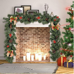 Christmas Garlands with Pine Cones, Berries, Flax, Bows, Artificial Christmas Garland for Door, Stairs, Fireplace, Christmas Wreath, Garland, 9 Feet