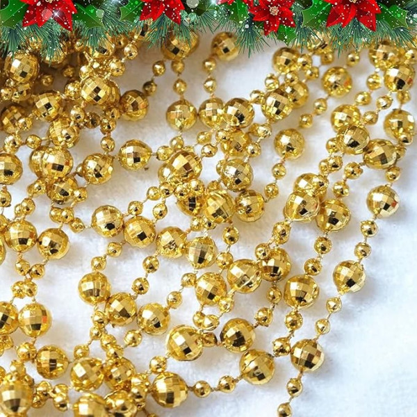 15 m Christmas Tree Pearl Garland Christmas Tree Decoration Bead Ribbon Pearl Diameter 8 mm and 4 mm Christmas Tree Chain Decoration (Gold)