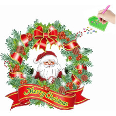 DIY Christmas Diamond Painting Christmas Wreath Point Drill Art Partial Drill Mosaic Handmade Decoration Specially Shaped Round Rhinestone Painting Ornament by Numbers (Santa Claus)