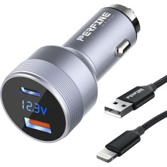 PERFINE 48 W Autoladegerät USB C 2 Ports Zigarettenanzünder-Adapter USB-Ladegerät 30 W PD 3.0 und 18 W QC 3.0 Schnellladung (mit Digitalvoltmeter + 2 m USB-Kabel für iPhone)