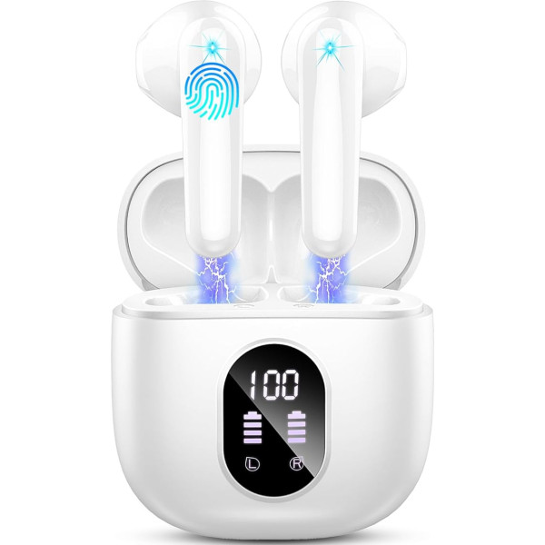 Bluetooth Headphones, Wireless Bluetooth 5.4 In-Ear Headphones, Wireless Headphones with 4 ENC Noise Cancelling Mic, 50H Playtime Wireless Earbuds, LED Display, Earphones IP7 Waterproof, White