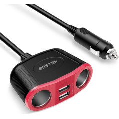 Bestek 2-Way 12/24 V Cigarette Lighter, Splitter Adaptor, with 2 USB Ports, red black