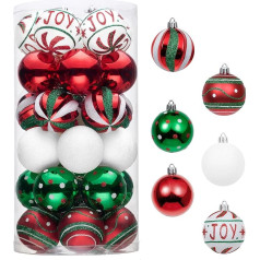Valery Madelyn Christmas Baubles 30 Pieces 6 cm Plastic Christmas Tree Baubles Decoration with Hangers Classic Series Theme Red Green White