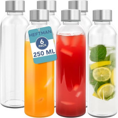 HEFTMAN 250ml Glass Bottles with Lids, Empty Glass Water Bottle, Airtight, Leakproof, Stainless Steel Lids for Water, Smoothies, Juice Bottles with Lids and Cleaning Brush for Work,