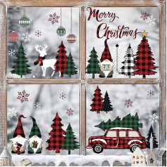 decalmile Christmas Window Sticker Red Car Gnome Snowflake Window Decals Christmas Red Black Checked Christmas Tree Anti-Collision Window Film Sticker Christmas Decoration Reusable