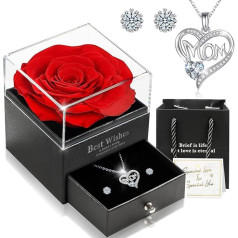 Mother's Day Gift for Mum, Mother's Day Gift, Eternal Real Rose Preserved Box with Heart Necklace & Earrings 925 Sterling Silver Gift Box for Mother on Valentine's Day Mother's Day Wedding Birthday