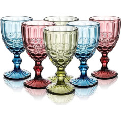 YOUEON 6 Pieces Colored Wine Goblets, 300ml Wine Glasses Set with Embossed Pattern, Colored Wine Glasses Vintage Glassware for Party, Wedding, Bar, Wine, Juice, Drink, 3 Colors