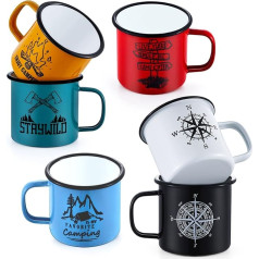 Enamel Mug Set of 6, Joyfair 455 ml Colourful Coffee Cups - Blue/Red/Green/Yellow/Black/White, Drinking Cup Tea Cup for Camping, Home, Office, Portable & Reusable, Double-Sided Pattern & Easy to Clean