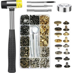 120 Sets Press Stud Set, with Hammer Fixing Tool Kit, Snaps Press Studs, Copper Press Studs Kit for Leather Craft Jacket Wallet Handbag (4 Colours, 12 mm)