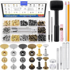 Glarks 160 Sets 2 Styles Leather Press Studs Kit Including 12.5mm Metal Buttons and 8 x 8mm Leather Rivets with 11 Punch Hammer Adjusting Tools, Grease Pins and Tape Measure