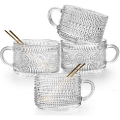 Gutsdoor Vintage Glass Coffee Mugs, 4 Pack 400ml Clear Embossed Glass Coffee Mugs Stackable Breakfast Cups with Gold Spoon for Cereal Tea Drinks (2 x Flowers + 2 x Beads)