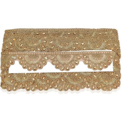 Trimming Shop 1 Metre Light Gold Ribbon with Bronze Pearl Beads for Arts Crafts, Decoration, Wedding, Women's Bridal Dresses, Serrated Vintage Style Border Embellishment - Design-9, 2 Metres