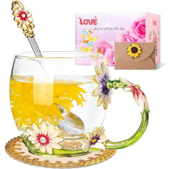 Homtibrm Handmade Enamel Sunflower Glass Coffee Cups Tea Cup with Spoon and Gift Cards, Personalised Gifts for Women Girlfriend Birthday Valentine's Day Mother's Day
