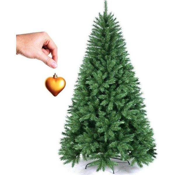 BAKAJI 180 cm Pine Wood Christmas Tree with Gold Heart, Eco Friendly and Flame Retardant, with Iron Cross Base, Foldable, Very Dense, 600 Branches, Hook Plug, Green (180 cm)