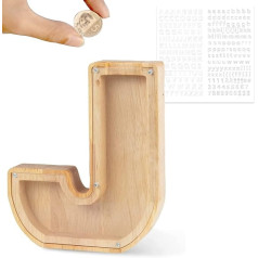 Mikytoper Wooden Letter Money Box, Personalised Piggy Bank Money Box for Kids, Creative Clear Money Box for Birthday Gift/Home Decoration/Keepsake (J)