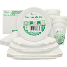 Aktive Procos 71346 Disposable Tableware 100% Paper | 20 Large Disposable Plates + 20 Small Plates + 20 Square Plates + 20 Disposable Cups + 40 Napkins | 20 People