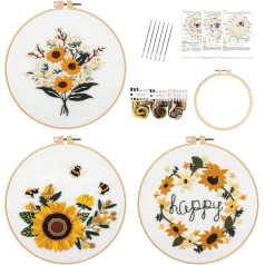 HAOCOO 3 Sets Embroidery Kit for Beginners, Cross Stitch Kits with Flower and Bee Pattern and Instructions, Full Assortment of Embroidery Cloth, Embroidery Hoops, Colour Threads and