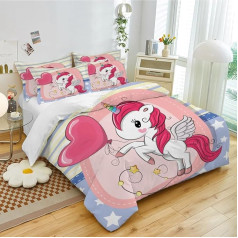 CIUNVXD 3-Piece Children's Pink Cartoon Unicorn Duvet Covers Set, Cute Unicorn, Rainbow Unicorn Duvet Cover for Boys Girls (A, 135 x 200 cm)