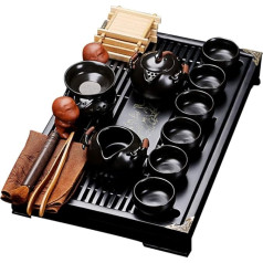 fanquare Chinese Kung Fu Black Ceramic Tea Set with Tea Tray and Small Tea Tools, Porcelain Tea Service