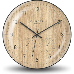 Cander Berlin MNU 2730 X Wall Clock Wood Silent 30 cm Temperature Humidity Modern Oak Veneer without Ticking Noises Analogue