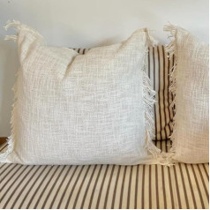 VITO Bello Positano Set of 2 Cushion Covers Made of Natural (Cream) Raw Cotton Yarn, 50 x 50 cm, with Fringes on Two Sides, Boho Cushion for Sofa, Bedroom and Living Room