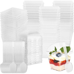 APACALI Pack of 100 Dessert Cups with Lids, Plastic Dessert Glasses, 120 ml Dessert Cups with 100 Soup Spoons, Plastic Dessert Bowls with Lid for DIY Desserts Pudding Mousse Ice Cream