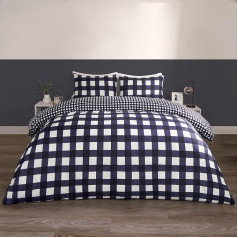OHS Blue Double Duvet Cover Set Gingham Reversible Bedding Double Bed Set Decorative Luxury Plaid Duvet Covers with Pillowcases Super Soft Comfortable Navy Blue