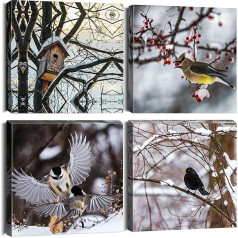 Sungeek 4-Piece Canvas Pictures with Wooden Frame, Canvas Print Pictures 30 x 30 cm, Modern Wall Pictures, Art Print, Wall Decoration for Living Room, Bedroom, Home, Office, Dining Room (Winter Bird)