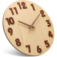 NESIFEE Wooden Wall Clock, MDF Wall Clocks Without Ticking Noise, Silent, Round 3D Large Wall Clock, Easy to Read, Wall Clock for Living Room, Bedroom, Kitchen